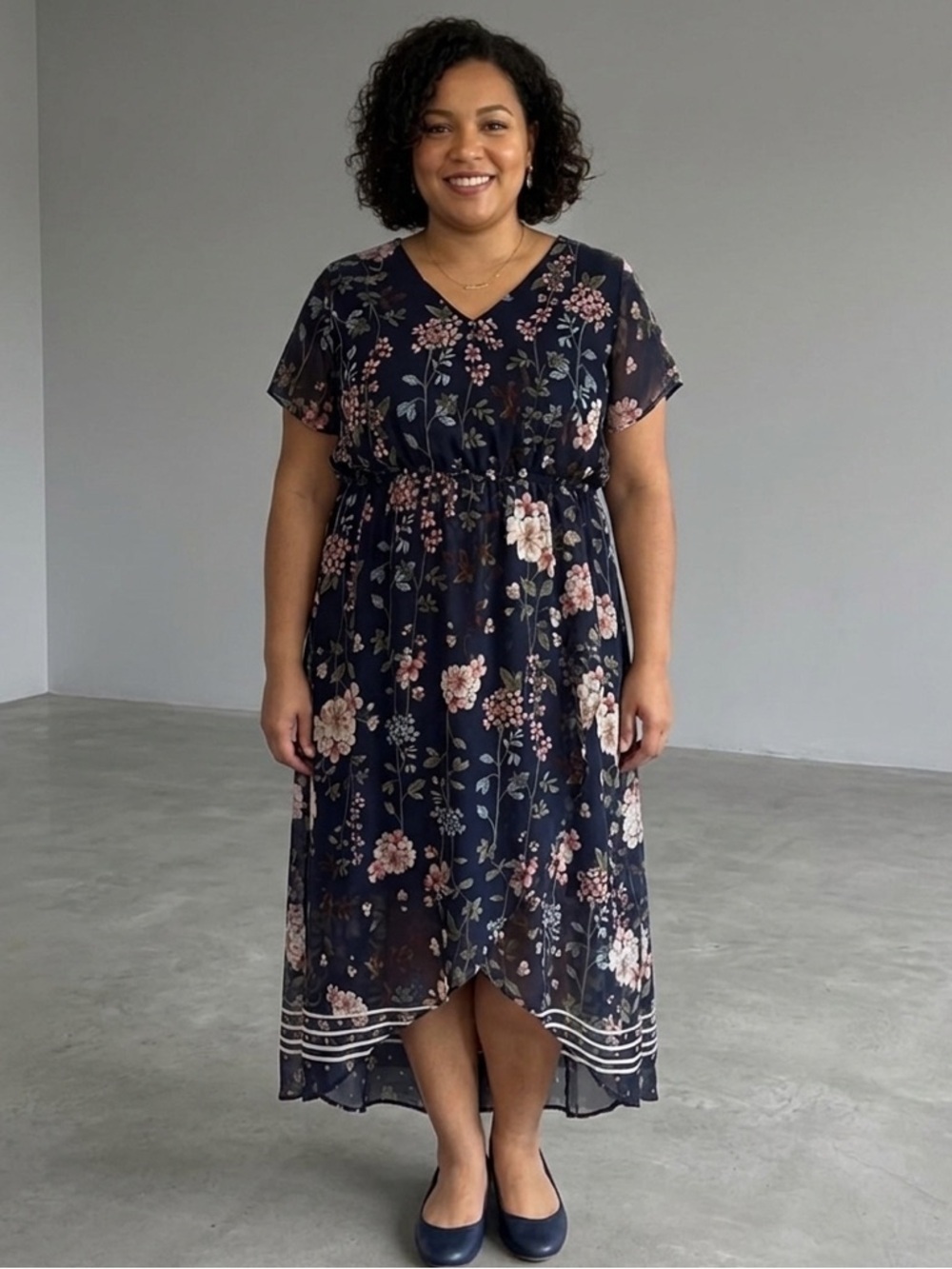 Maurices Floral Maxi Dress Navy Plus Size 2 Flowy Short Sleeves High Low Bottom